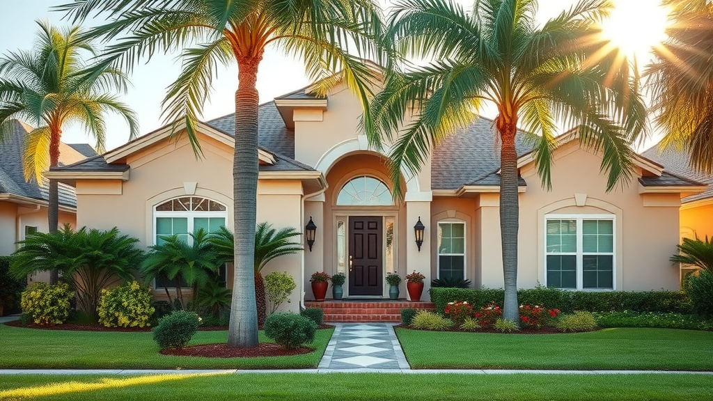 Exterior of an inviting suburban Orlando home showcasing a clean facade, lush landscaping, tropical greenery, and vibrant sunlight to emphasize the ultimate guide to selling a home in Orlando