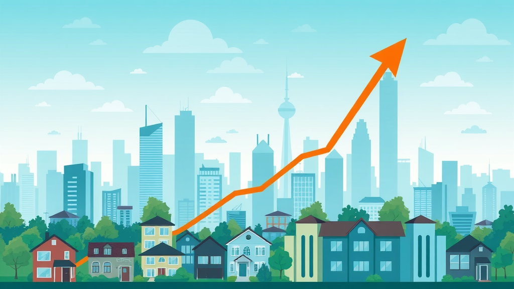 Infographic showing rising real estate trends, charts and graphs illustrating Orlando housing market, with city skyline in the background demonstrating how to sell a house in Orlando