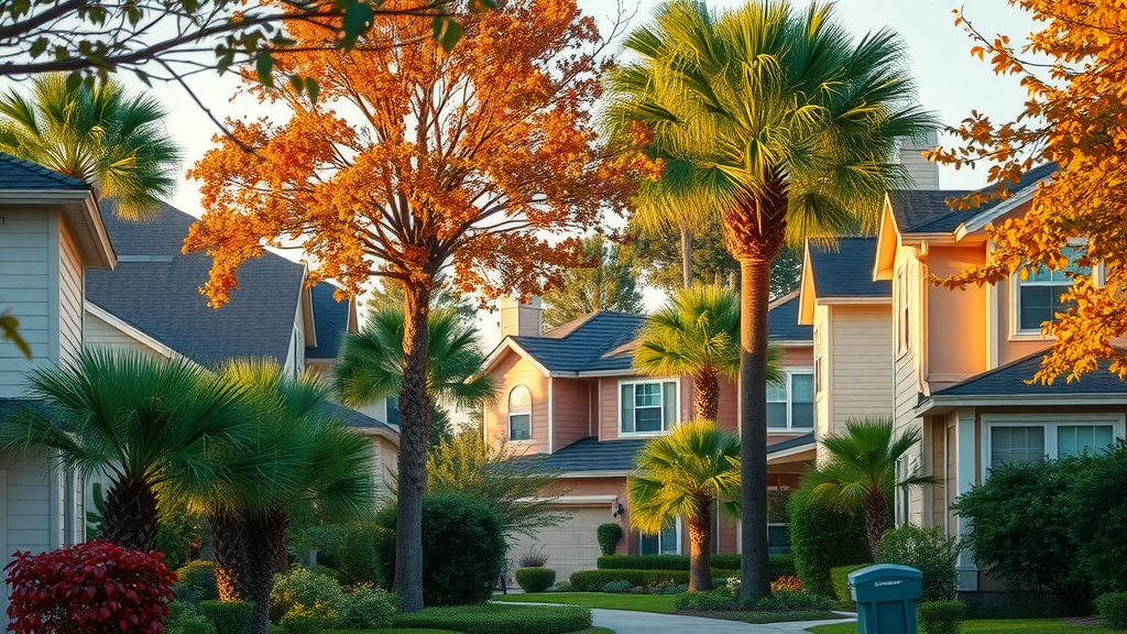 Charming Orlando neighborhood showcasing homes amidst tropical foliage, highlighting seasonal changes and the best time to sell your house in Orlando