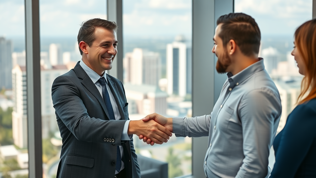 Professional Orlando real estate agent consulting with happy home sellers, confident in business attire, with a city view, demonstrating best practices to sell your house