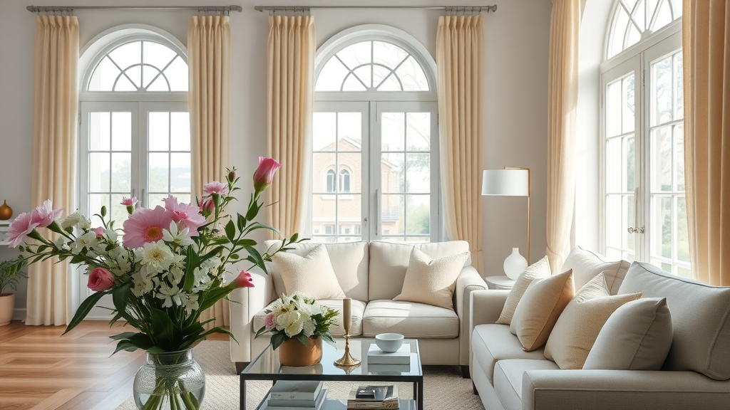 Elegant home staging in an Orlando living room, fresh flowers and neat decor, demonstrating best practices for preparing and selling your home in Orlando