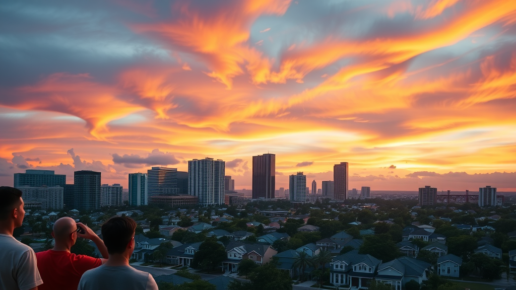 Modern Orlando cityscape at sunset, highlighting homes and people, used to communicate whether it is a good time to sell a house in Orlando